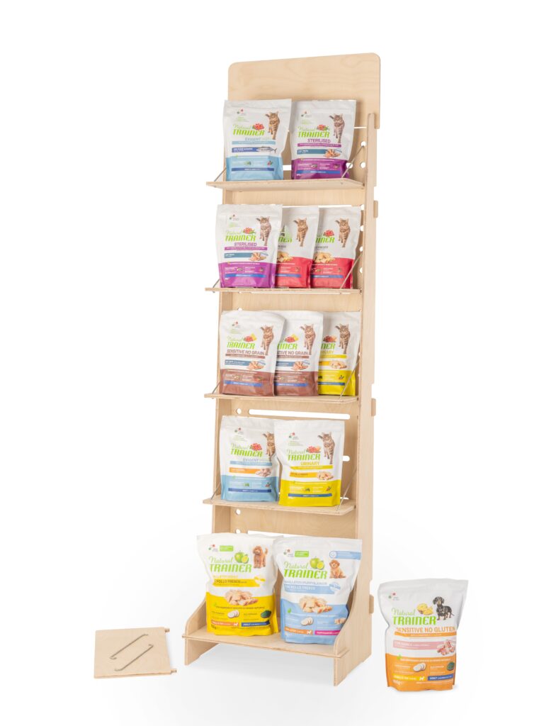 Tall wooden display with pet food packs
